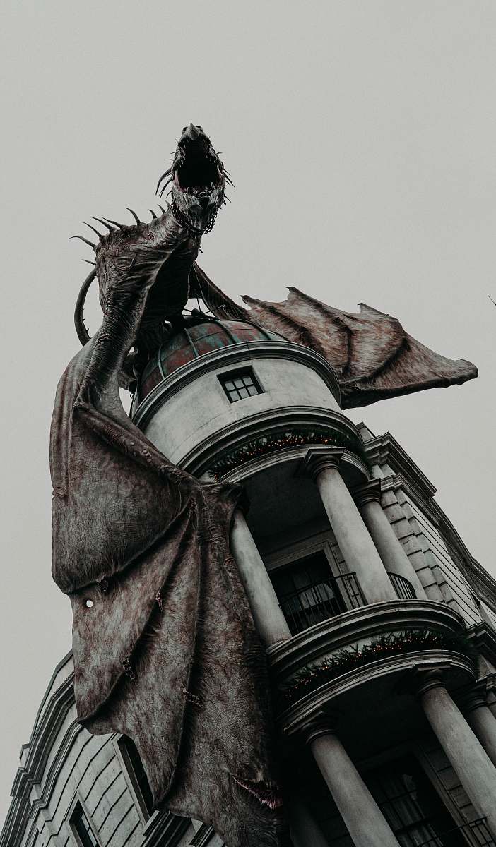 harry potter shallow focus photo of dragon on gray building wizard